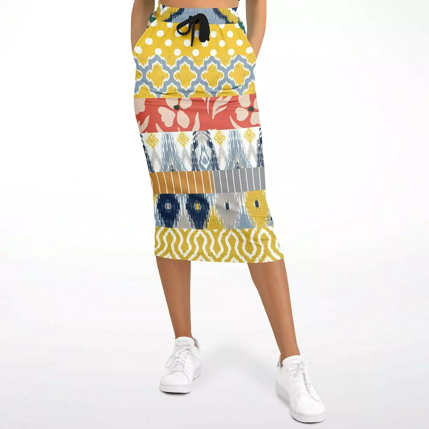 Tallulah Bankhead Yellow Ikat Patchwork Eco-Poly Long Pocket Skirt