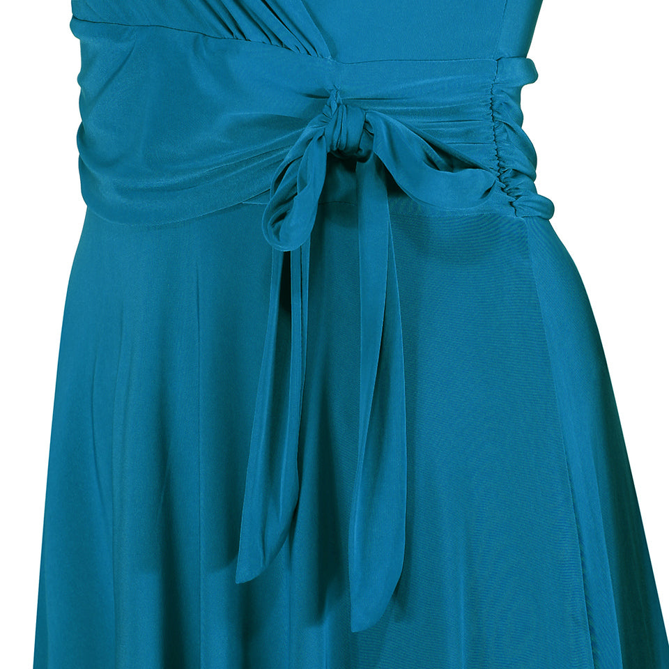 Teal Blue Cap Sleeve Crossover V Neck Wrap Top Swing Dress