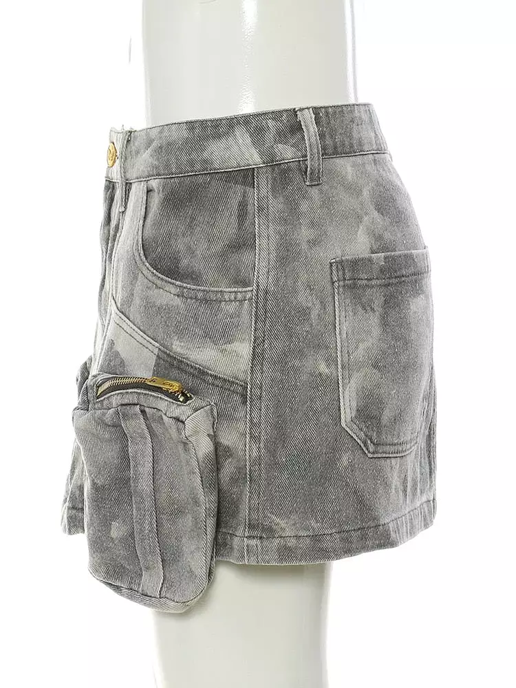 Three-dimensional Zipper Pocket Skirt Camouflage Low Waist Mini Denim Skirts With Belt Summer 2023 New 17A3602H