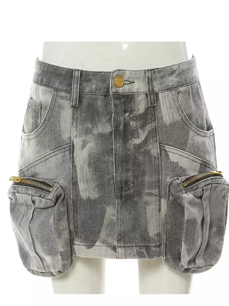 Three-dimensional Zipper Pocket Skirt Camouflage Low Waist Mini Denim Skirts With Belt Summer 2023 New 17A3602H