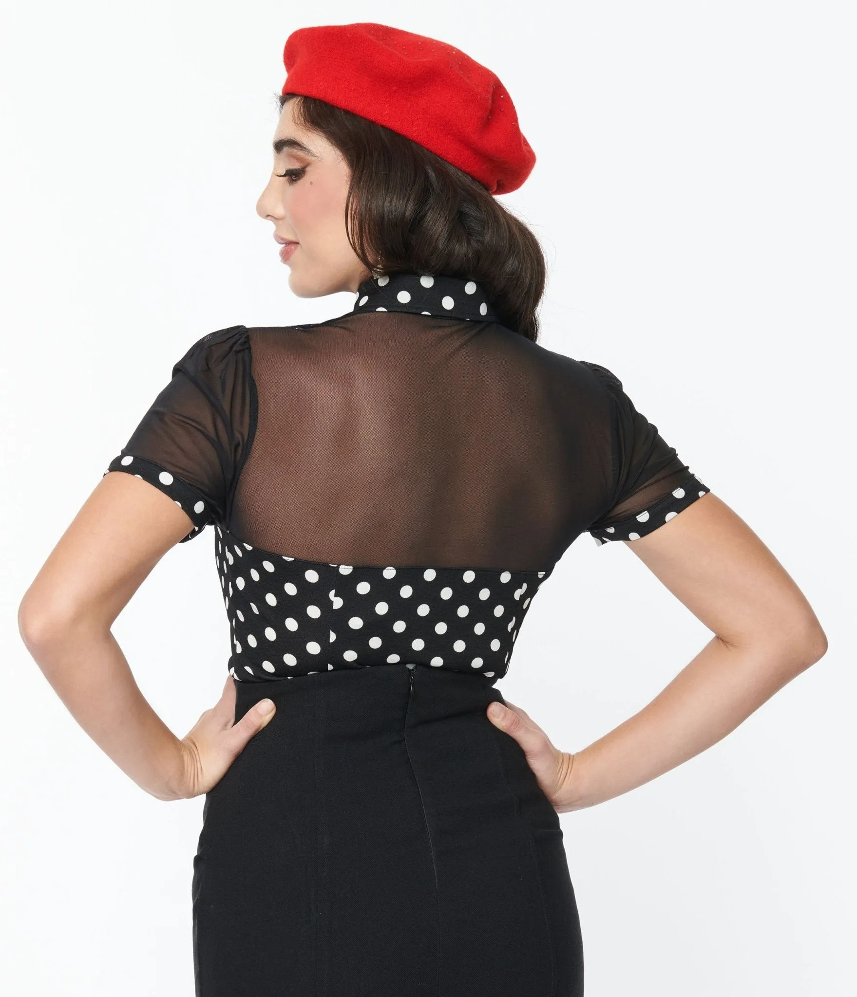 Unique Vintage Black & White Polka Dot Mesh Sweetheart Top