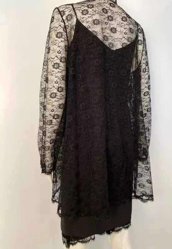 Vintage 01P, 2001 Spring Chanel 2 piece set Black Spaghetti Strap Dress with Lace overlay jacket US 2/4