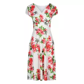 White Floral Print Capped Sleeve Wrap Effect Tea Dress