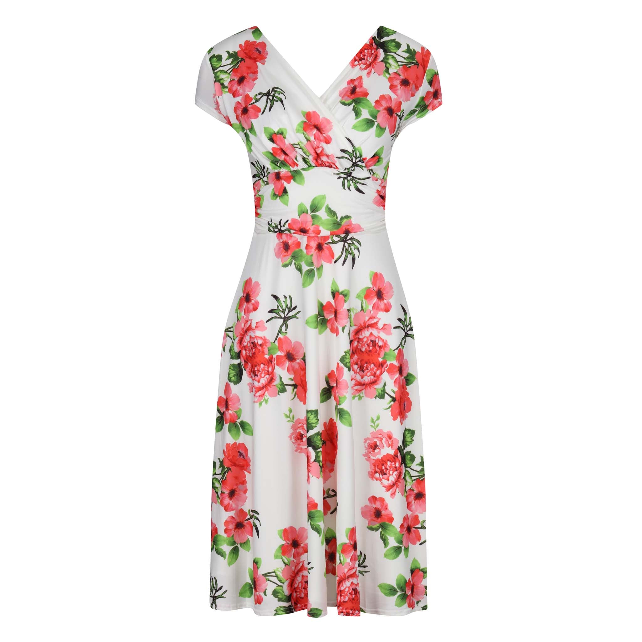 White Floral Print Capped Sleeve Wrap Effect Tea Dress