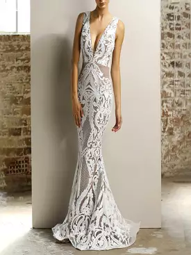 White lace dress, double layer dress, deep beak collar, sexy, Maxi, long, thin, Party evening dress,