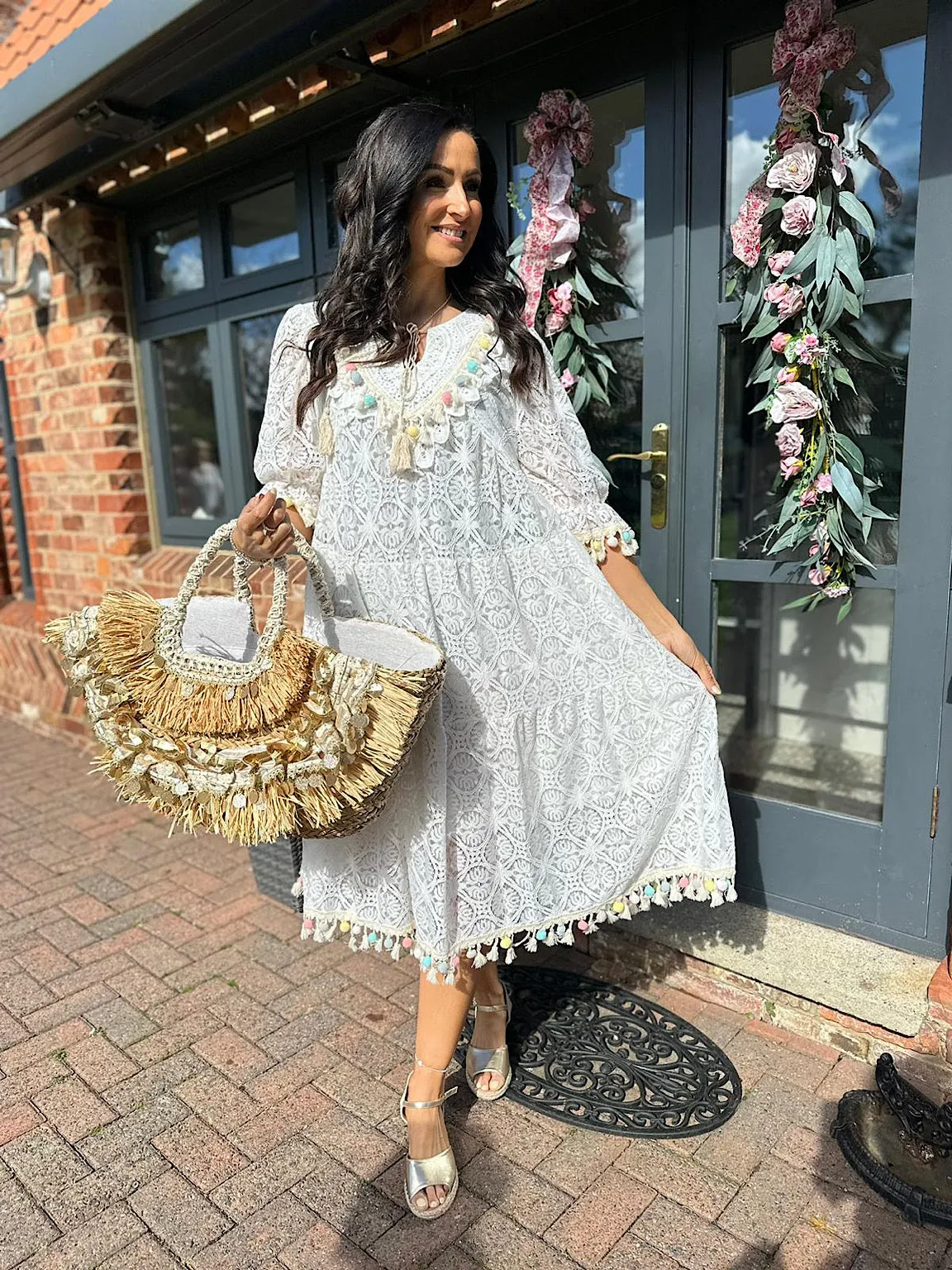 White Luxury Pom Pom Lace Tiered Dress Abbie