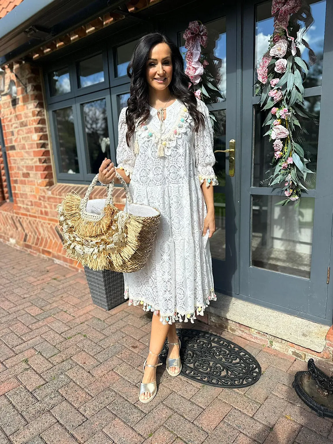 White Luxury Pom Pom Lace Tiered Dress Abbie