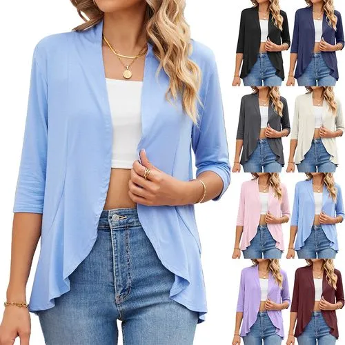 Women's Cardigan Half Sleeve Blouses Patchwork Casual Solid Color