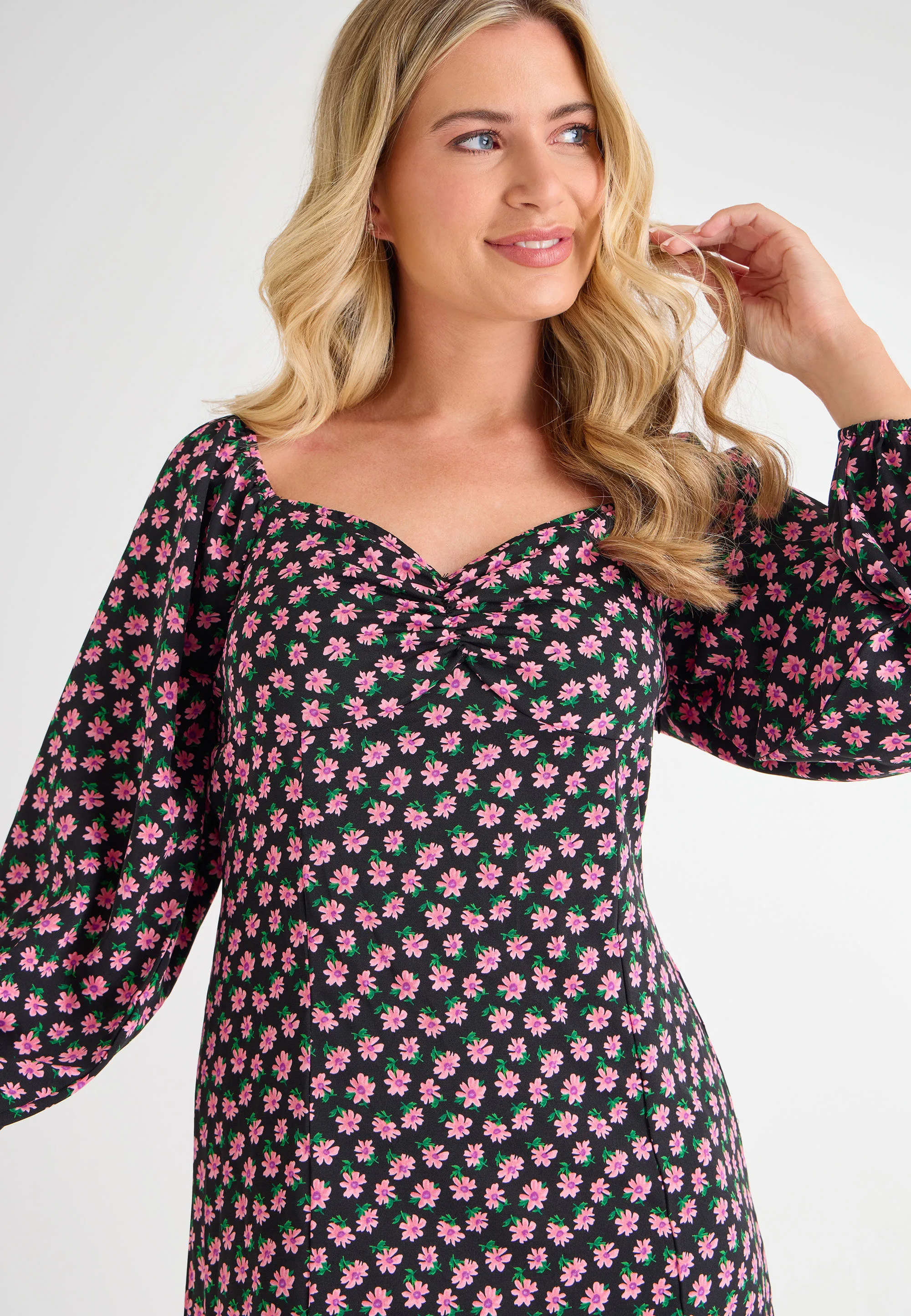 Womens Pink Floral Print Sweetheart Dress