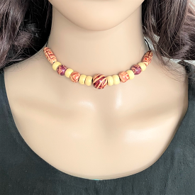 Wood Plum and Beige Beaded Choker