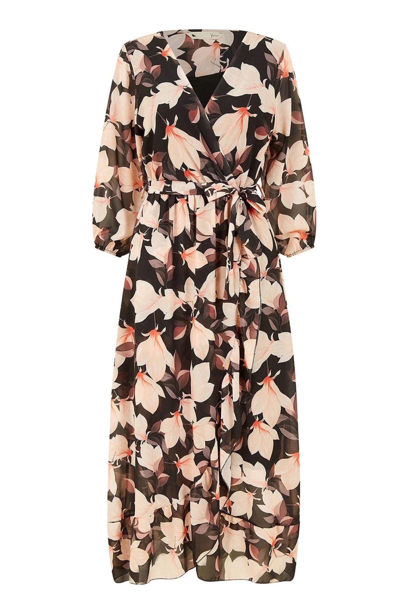 Yumi Black Blossom Wrap Midi Dress With 3/4 Sleeves