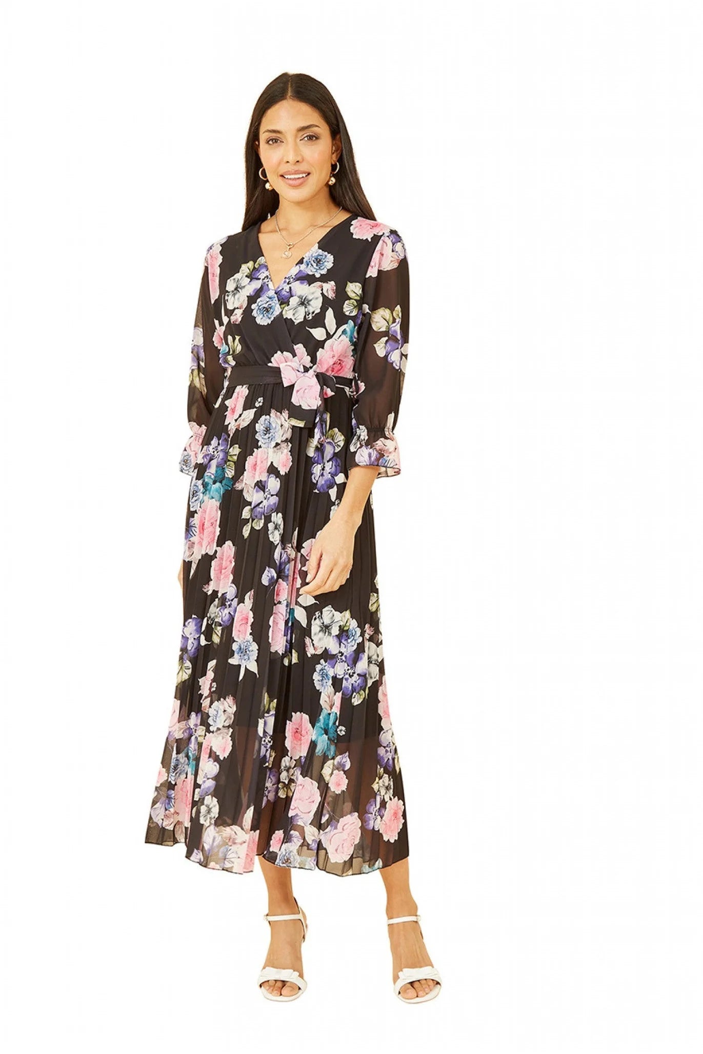 Yumi Black Floral Pleated Wrap Midi Dress