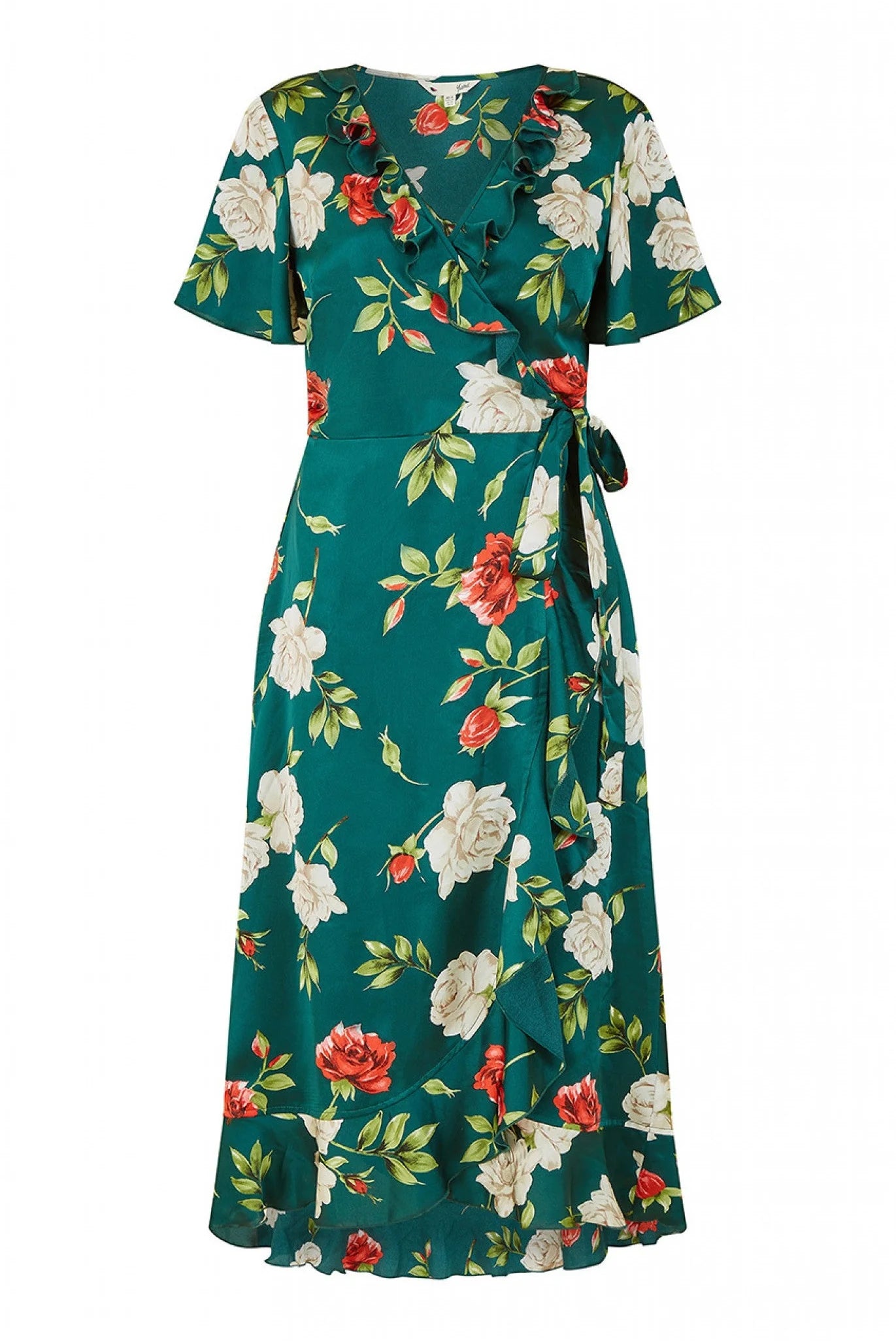 Yumi Green Satin Rose Print Wrap Dress