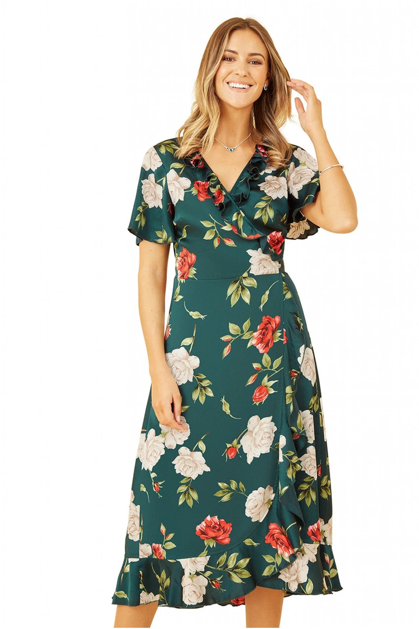 Yumi Green Satin Rose Print Wrap Dress