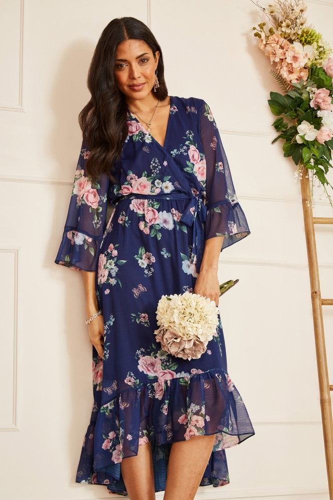 Yumi Navy Floral Wrap Dress With Dipped Hem