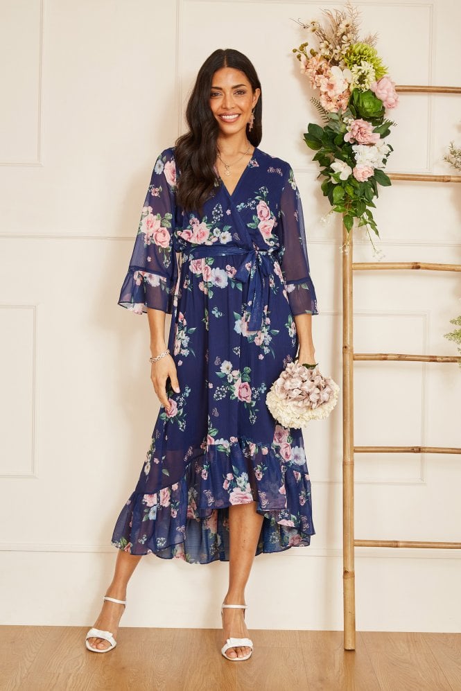 Yumi Navy Floral Wrap Dress With Dipped Hem