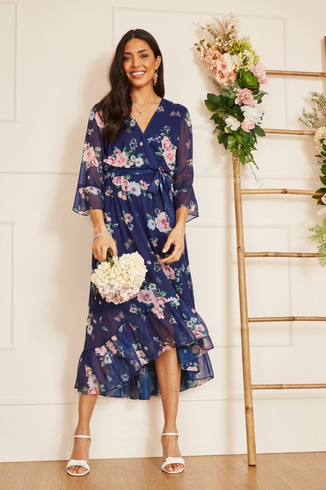 Yumi Navy Floral Wrap Dress With Dipped Hem