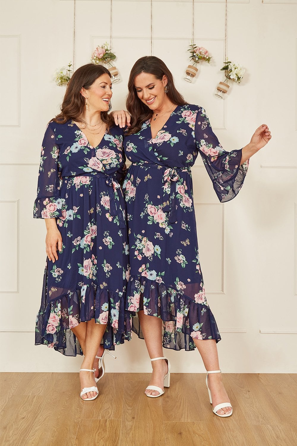 Yumi Navy Floral Wrap Dress With Dipped Hem