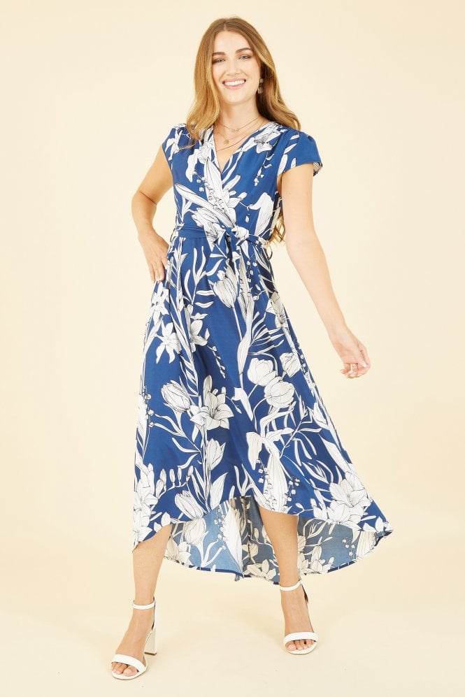 Yumi Navy Leaf Print Dipped Hem Wrap Dress