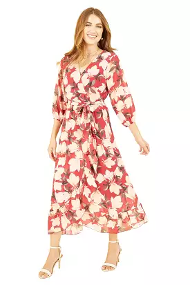 Yumi Red Blossom Wrap Midi Dress With 3/4 Sleeves